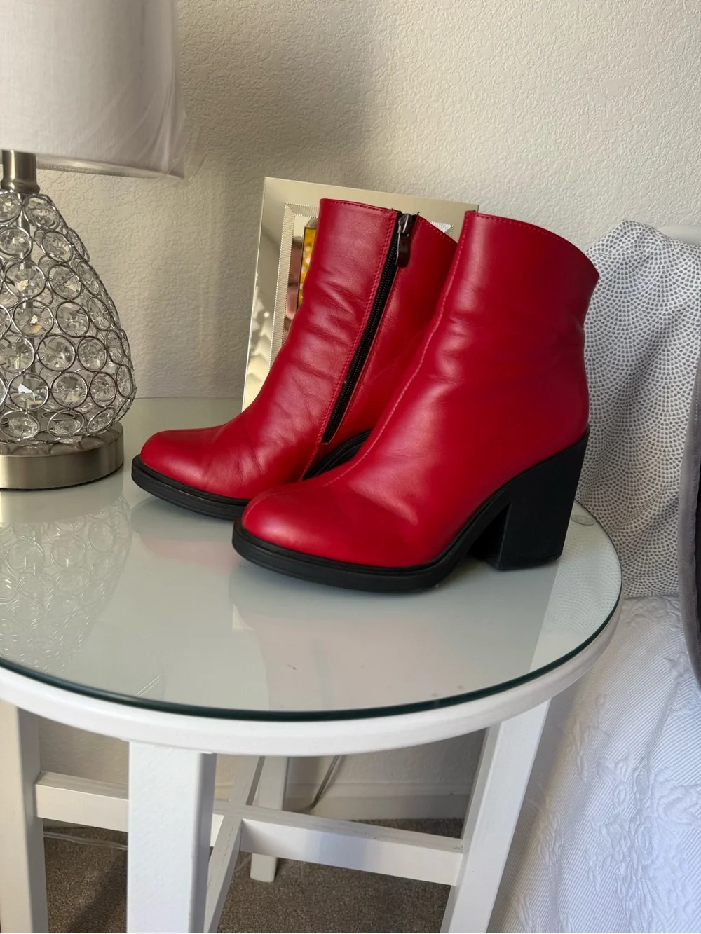 Red Leather Block Heel Ankle Boots - Women size 8